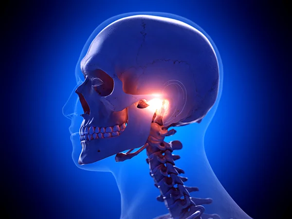A 3D rendered xray of a skull with the TMJ highlighted at Downey Oral and Maxillofacial Surgery in Downey, CA